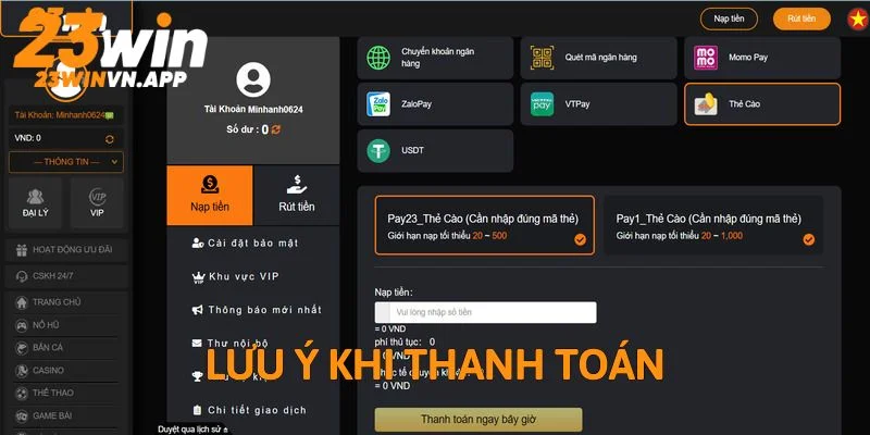 Lưu ý khi thanh toán