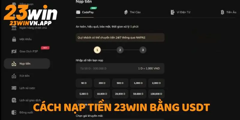 Thao tác nạp tiền 23WIN bằng USDT chi tiết